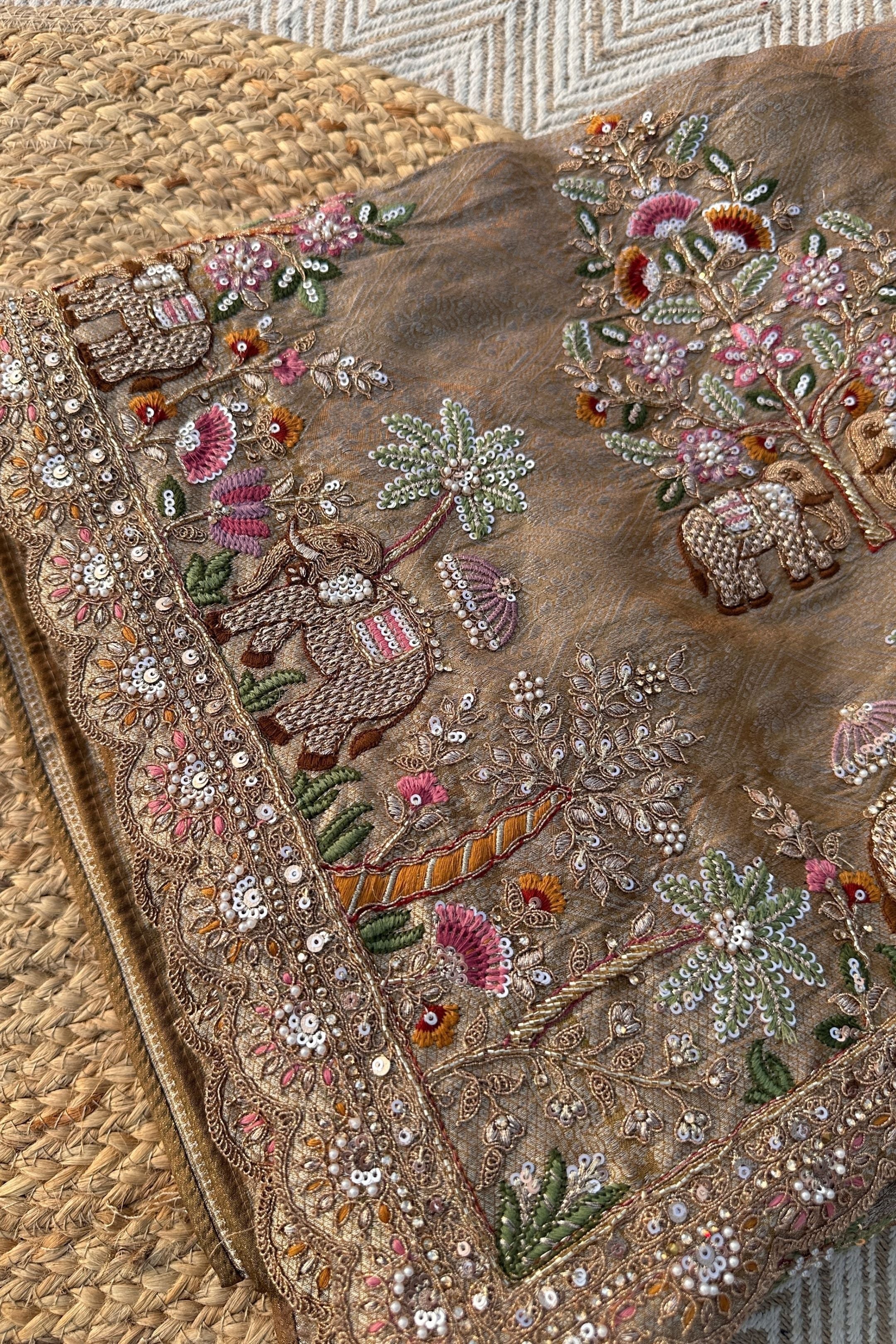 Dusty Beige Brocade Unstitched Saree Embellished With Moti, Sequins, Zarkan, Thread & Cutdana Work